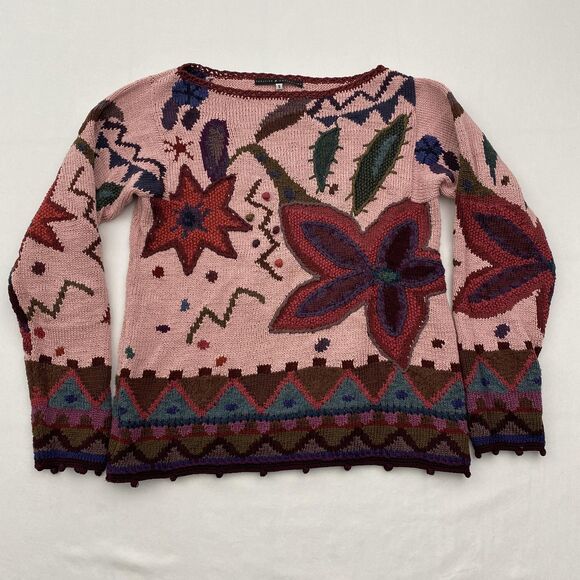 Peruvian Connection Sweater Pima Cotton Floral Knit Womens Small Pink - Picture 1 of 9